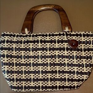 Vintage ‘The Sak’ Woven Handbag in Dark Brown and Tan with Wooden Handles